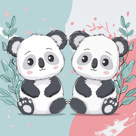 Cute cartoon panda couple sitting on a background with leaves.の素材