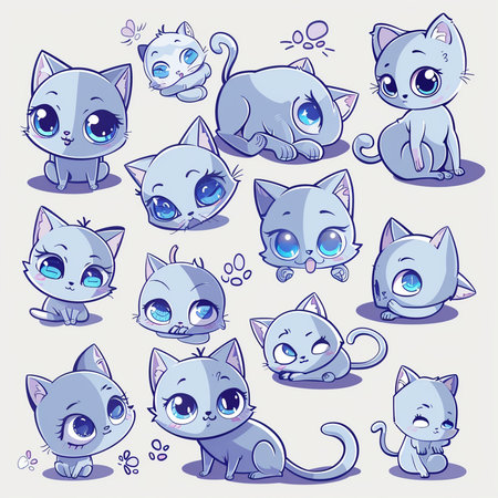 Set of cute cartoon cats with different facial expressions. Vector illustration.の素材