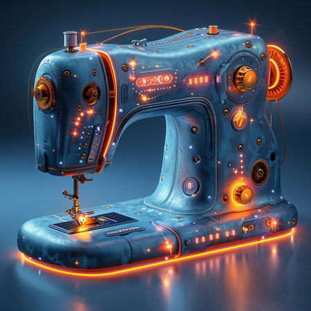 Sewing machine with blue neon lights. 3D illustrations.の素材