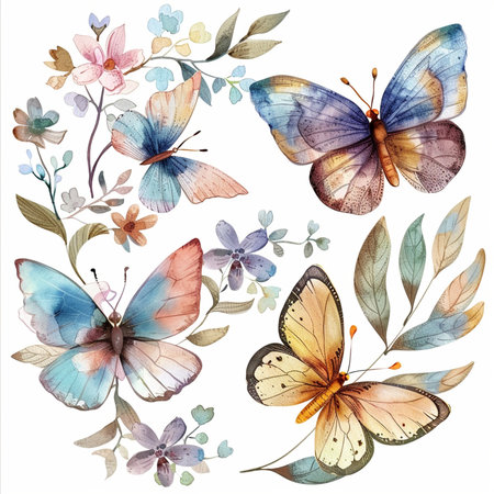 Beautiful vector image with nice watercolor butterfly and flowers on white backgroundの素材