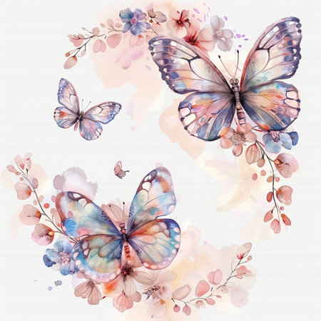 Watercolor butterflies and flowers. Hand painted watercolor illustration on white background.の素材