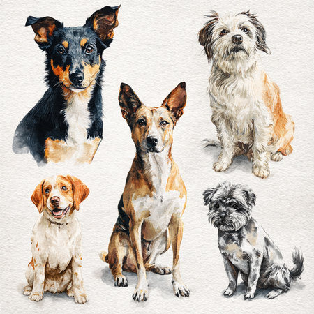 Set of watercolor portraits of dogs on white background. Hand drawn illustrationの素材