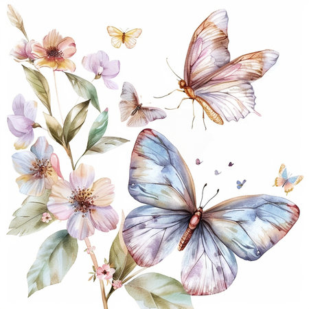 Beautiful vector image with nice watercolor butterfly and flowers on white backgroundの素材