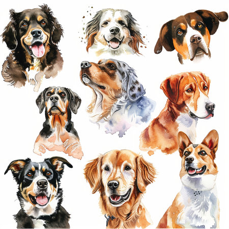Set of dogs isolated on white background. Watercolor hand drawn illustrationの素材