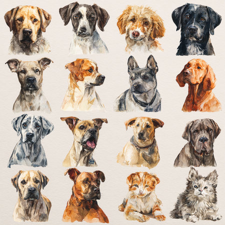 Collage of different dogs isolated on white background. Watercolor illustrationの素材