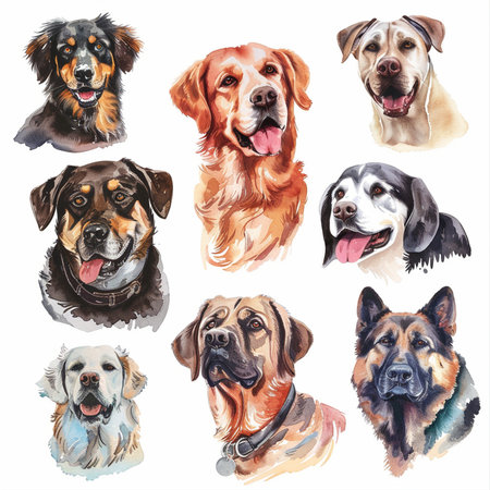 set of portraits of dogs, watercolor illustration on a white backgroundの素材