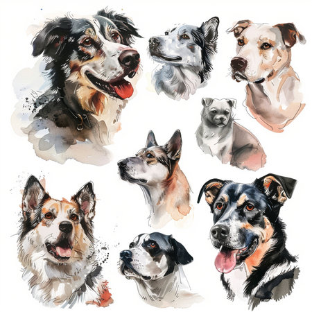 Set of watercolor portraits of dogs. Hand drawn vector illustration.の素材