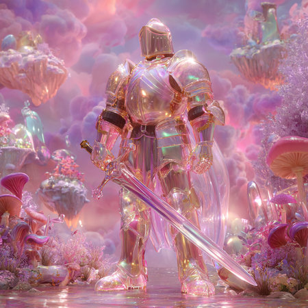 3D Illustration of a Fantasy Knight with a Sword and Flowersの素材