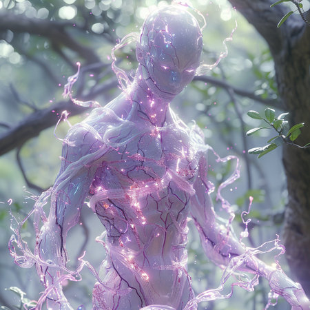 3d rendering of a female alien in a fantasy forest with neon lightsの素材