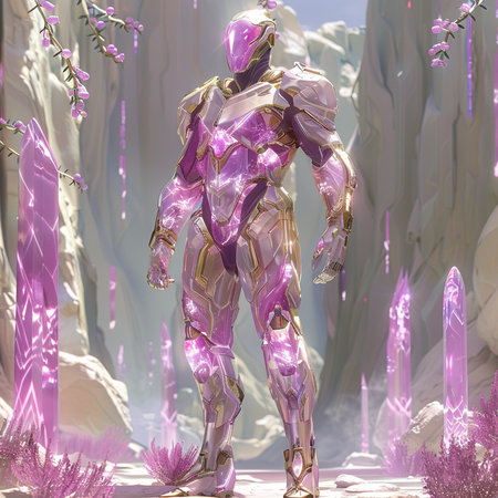 3D rendering of a female robot in a fantasy landscape scene.の素材