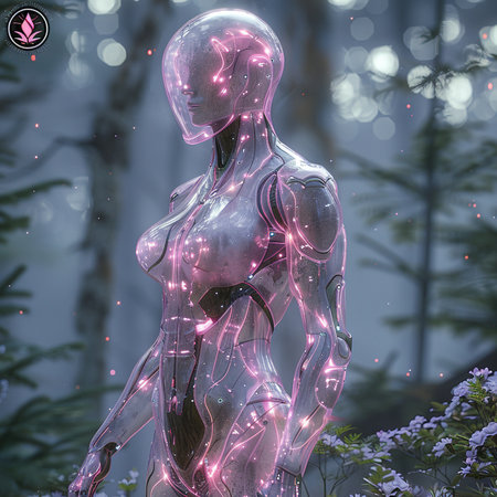 3D Illustration of a female cyborg in a fantasy forestの素材