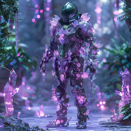 3D rendering of a female robot in front of a fairy forestの素材