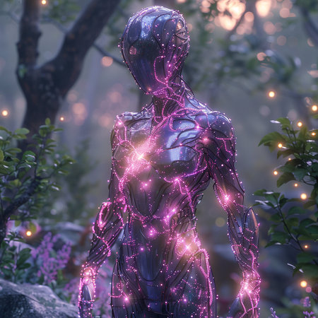 3d rendering of a female robot in a fantasy forest with glowing lightsの素材