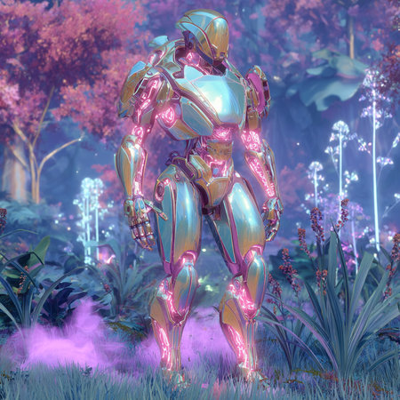 3D rendering of a female robot in a fantasy forest environment.の素材