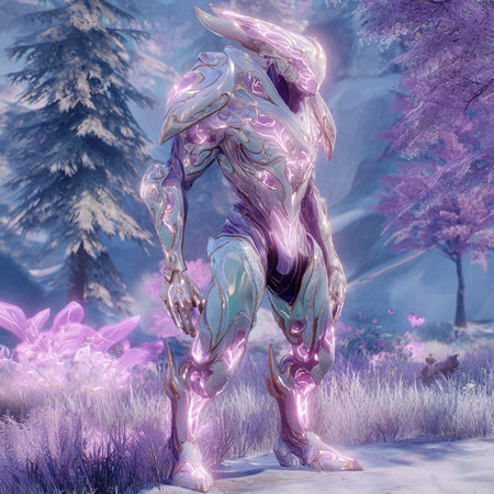 3D rendering of a female alien in a fantasy forest with purple flowersの素材