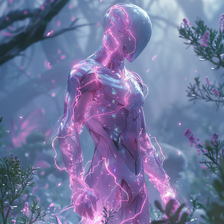 3D rendering of a female figure with a glowing brain inside.の素材