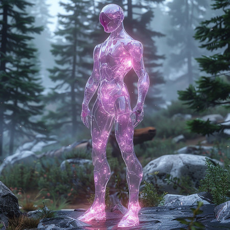 3D rendering of a female alien in the forest with glowing lightsの素材