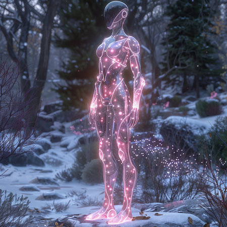 3d render of a female figure with glowing lines in the forestの素材