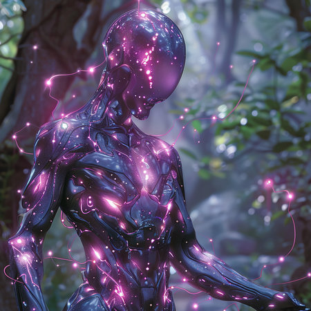 3D rendering of a female robot in a dark forest with glowing lightsの素材