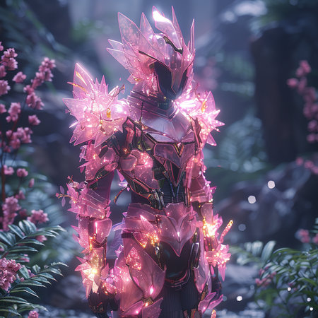 Futuristic robot with glowing neon lights in the night forest.の素材