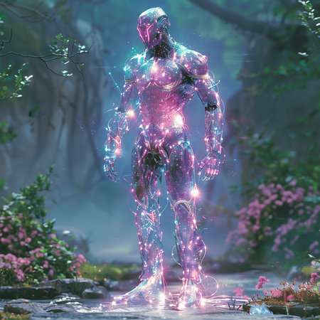 3d rendering of a female robot in a fantasy forest with lightsの素材