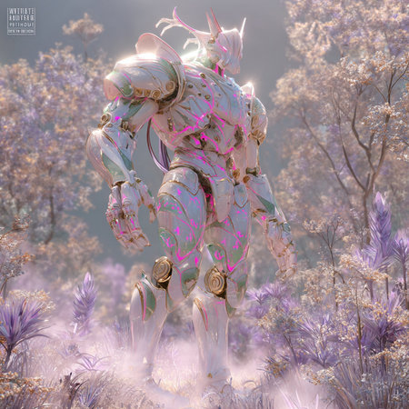 3D rendering of a female robot in a fantasy forest with flowersの素材