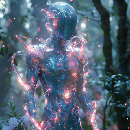 3D rendering of a female robot in a dark forest with glowing lightsの素材