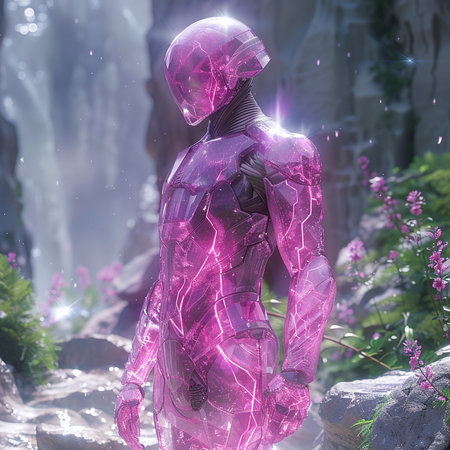 3D rendering of a female robot in front of a waterfall.の素材