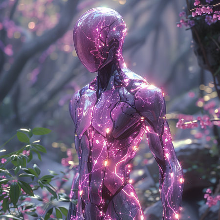 3d rendering of a female robot in a fantasy forest with glowing lightsの素材