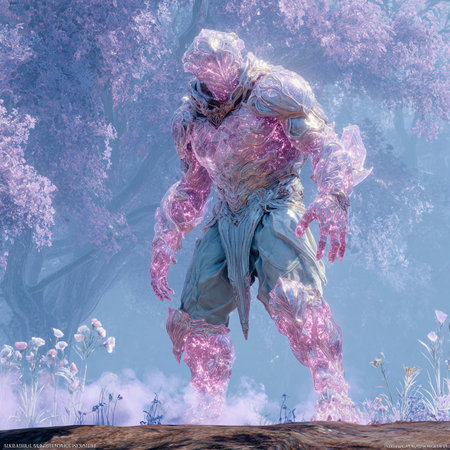 3D rendering of a female alien in a fantasy forest with pink flowersの素材