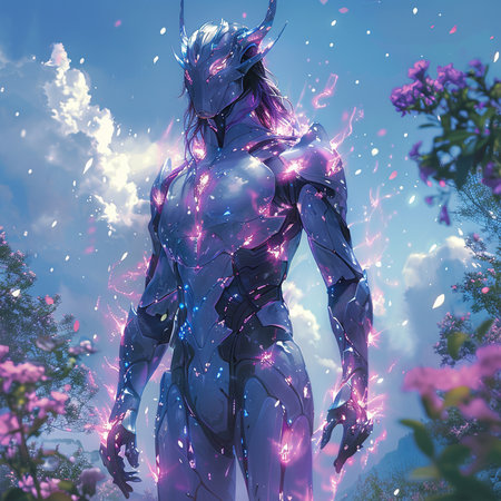 Digital Illustration of a Fantasy Female Figure with Flowers in the Backgroundの素材