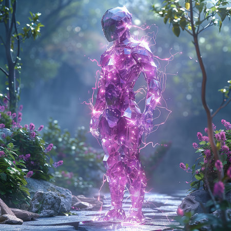 3d rendering of a female robot in the garden with magic lightsの素材