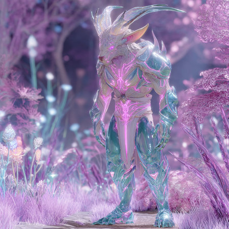 3D rendering of a fantasy alien in the forest with purple and pink flowersの素材