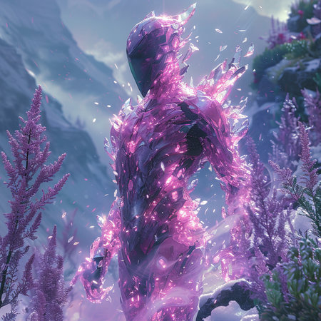3D rendering of a fantasy alien in a dark forest with pink neon lightsの素材
