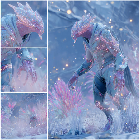 3D Illustration of a Fantasy Figure in the Winter Forest.の素材