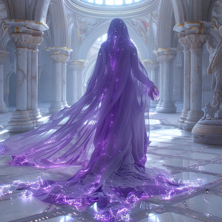 3D Illustration of a Fantasy Female Figure with Purple Curtainの素材
