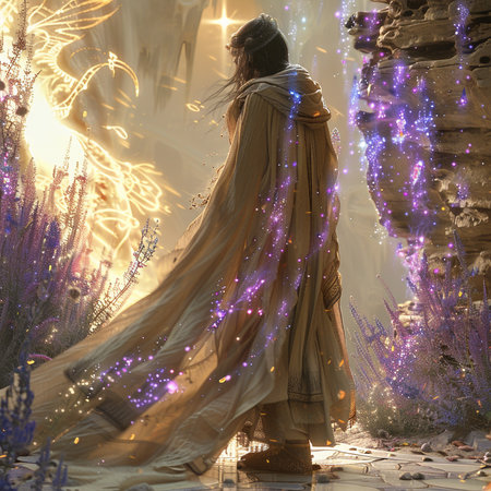 The image of the girl in a long dress in the rays of lightの素材