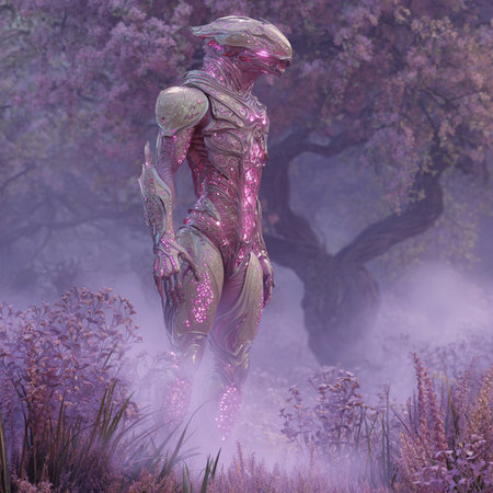 3D rendering of a female alien in a fantasy forest with fogの素材