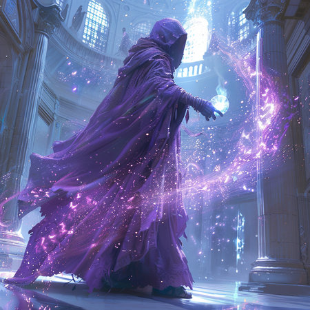 Fantasy image of a woman in a purple dress in the interior of a churchの素材