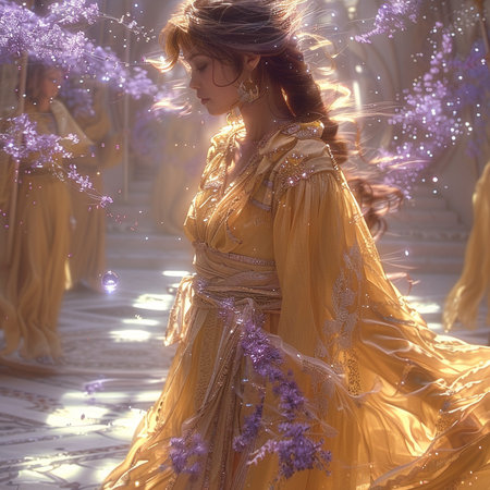 Beautiful young woman in a long golden dress with flowers in her hairの素材