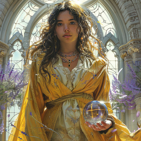 Beautiful young woman in a yellow medieval dress with a crystal ball.の素材