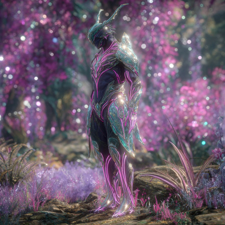 Fantasy alien woman in a purple forest. 3D illustrations.の素材