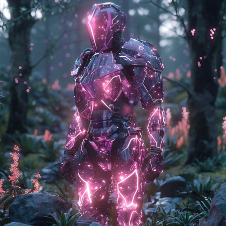 3D rendering of a cyborg in a fantasy forest with neon lightsの素材