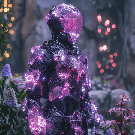 Cyborg man with glowing neon lights on the background of plants.の素材