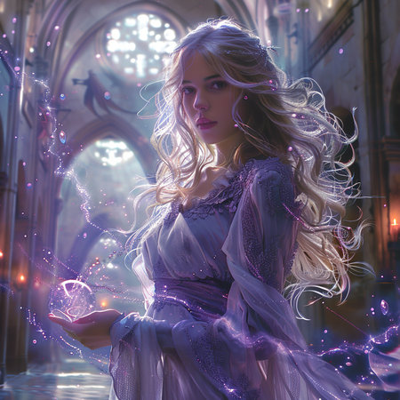 Beautiful girl in a long purple dress in the interior of the churchの素材