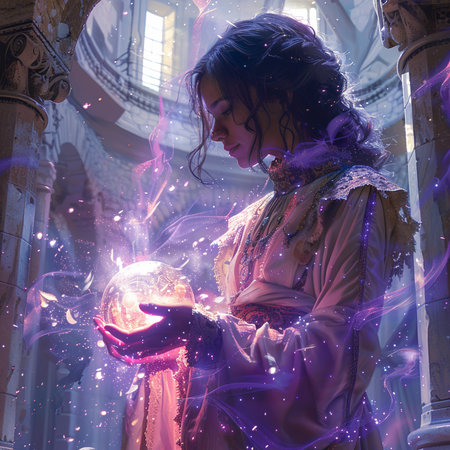 Beautiful young woman with magic crystal ball inside of the church.の素材