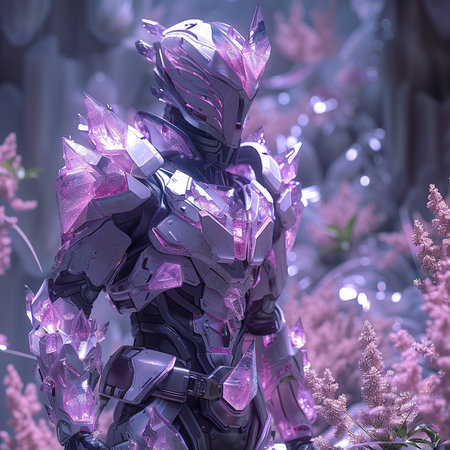 3D rendering of a female robot in a futuristic environment with flowersの素材