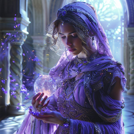 Portrait of a beautiful girl in a purple medieval dress with a crystal ball in her handsの素材