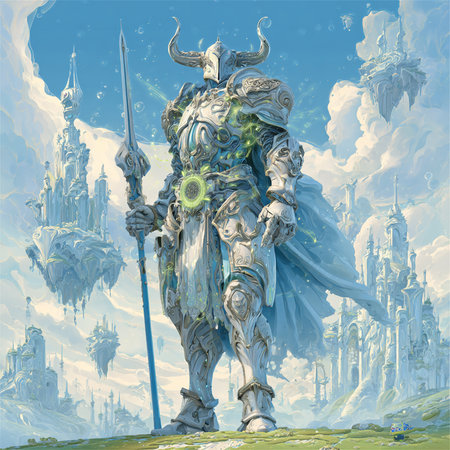 Illustration of a fantasy warrior with a sword and shield in his handの素材