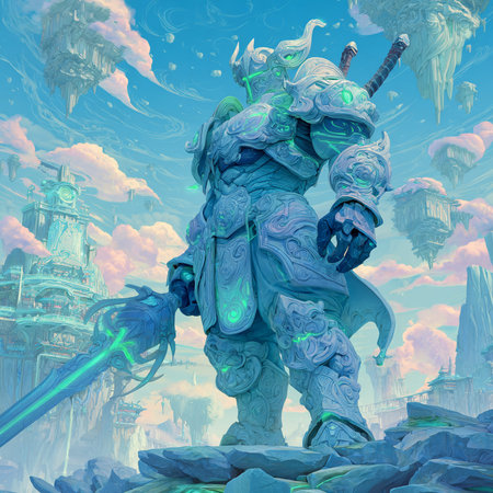 Fantasy landscape with a fantasy warrior. Digital painting. 3D illustrations.の素材